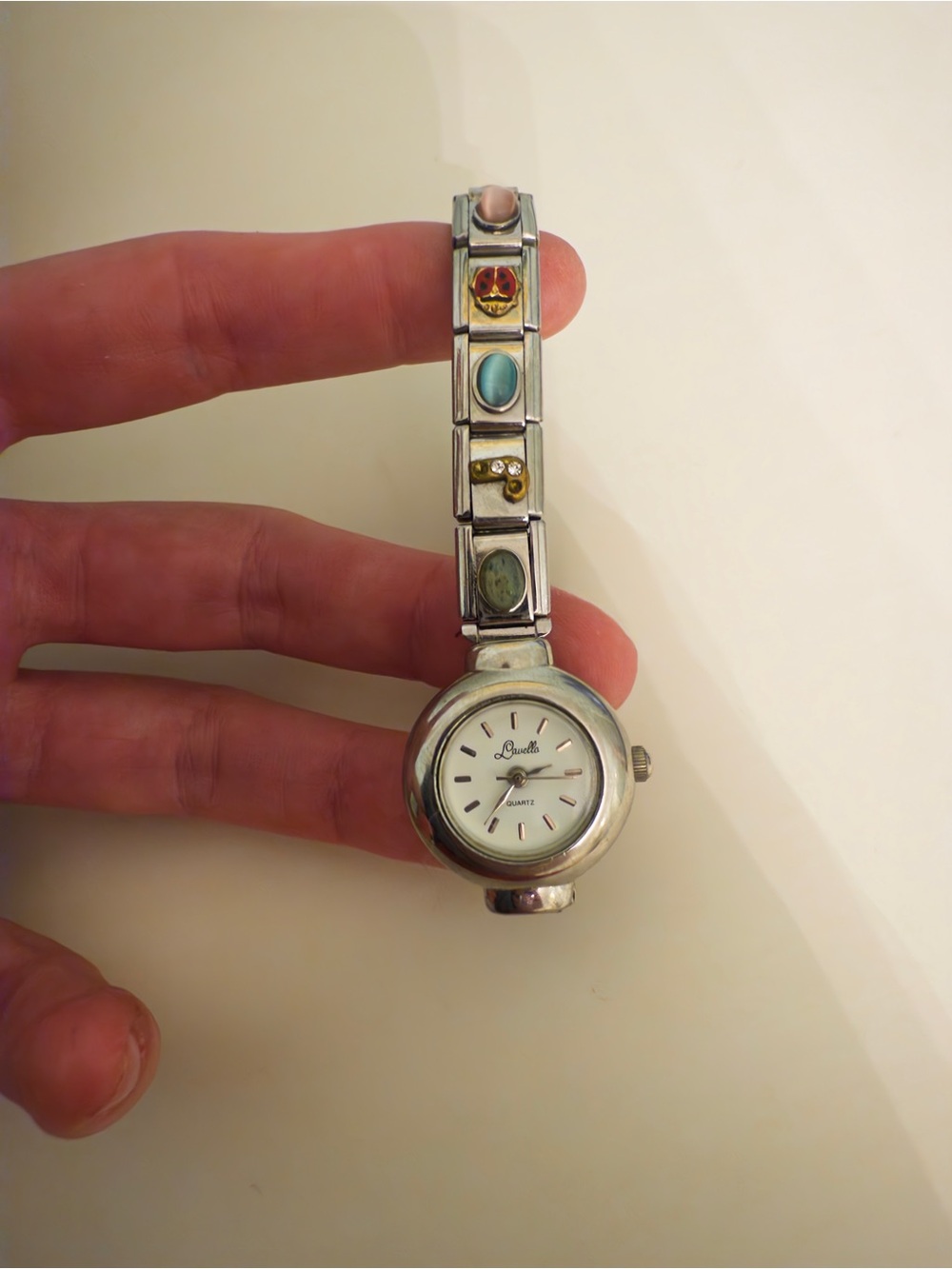 Vintage Lavello Italian Charm Silver Tone Ladies Bracelet Watch with White Dial
